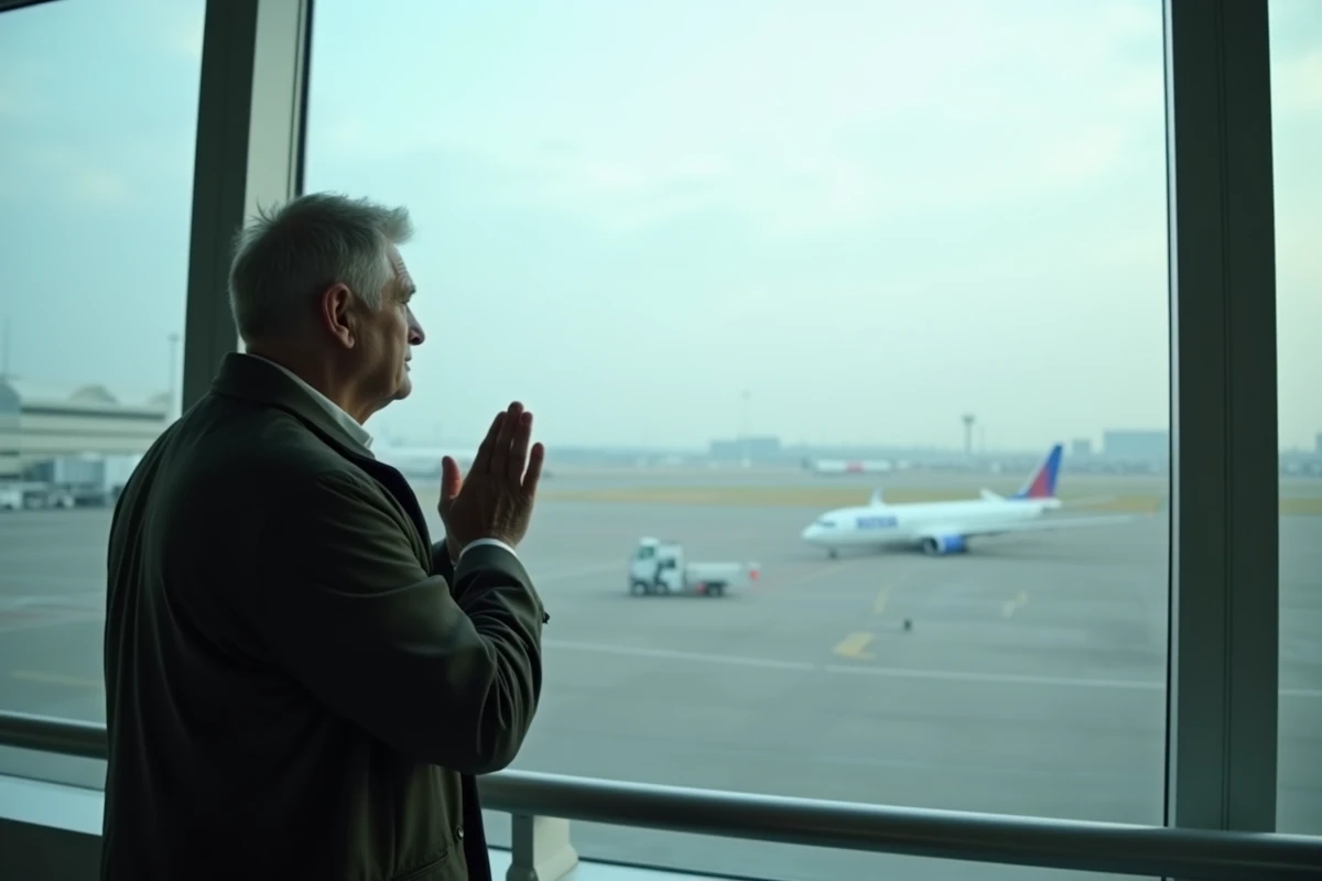 Homme en prayer dans jetbridge aéroport
