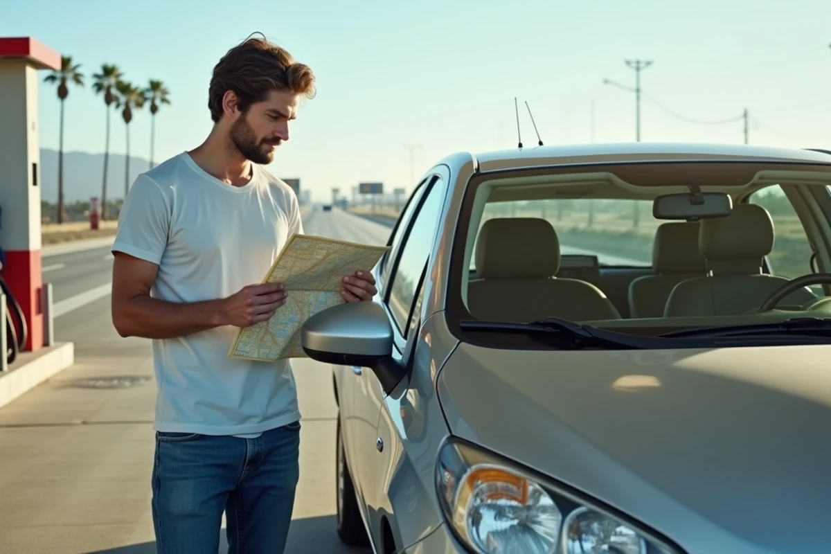 Homme faisant le plein de sa voiture sur une station-service