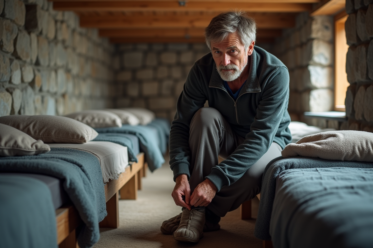 Homme en vêtements de randonnée dans refuge alpin