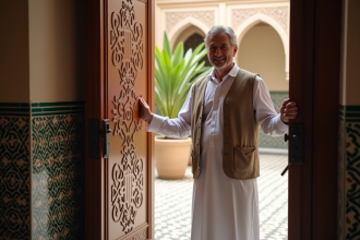 Homme marocain souriant devant la porte du riad