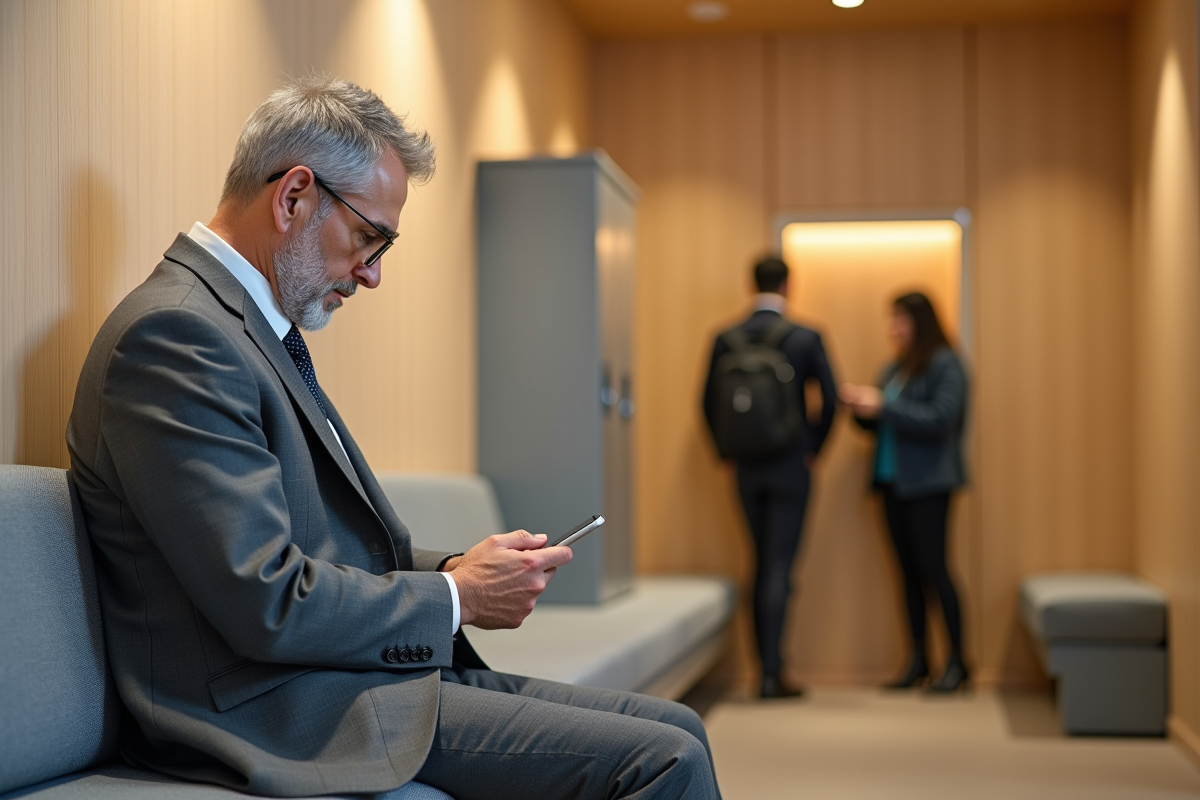 Homme d age moyen assis dans un salon capsule hotel