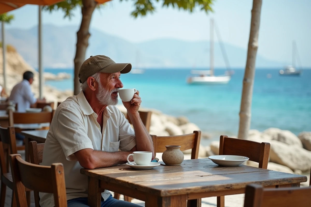 Homme âgé buvant un café devant une taverne à Tinos