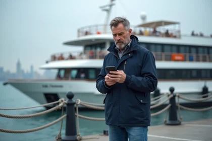 Homme d'âge moyen vérifiant billets ferry sur le port