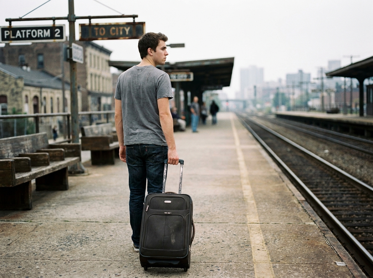 Jeune homme seul sur un quai de gare urbain
