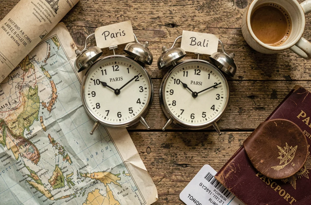 Vue aérienne de deux horloges analogiques côte à côte indiquant l'heure de Paris et de Bali sur un bureau de planification de voyage avec passeport et carte
