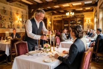 Sommelier présentant un Riesling alsacien à des convives dans la salle gastronomique d'un hôtel 5 étoiles de Strasbourg aux murs en grès rose