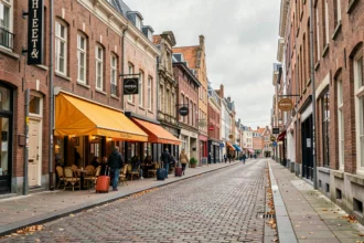 Rue piétonne du Nord de la France avec facades de briques flamandes et hôtels économiques