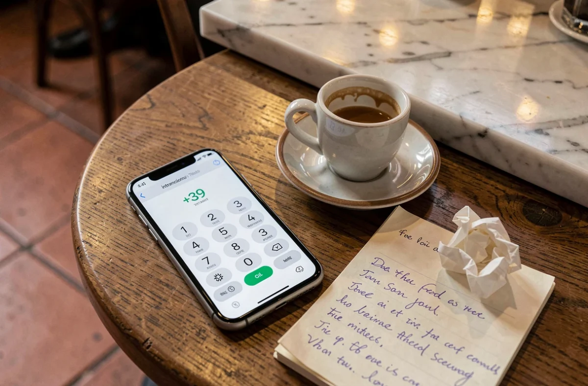 Smartphone affichant le code pays +39 pour appeler l'Italie posé sur une table de café avec un expresso