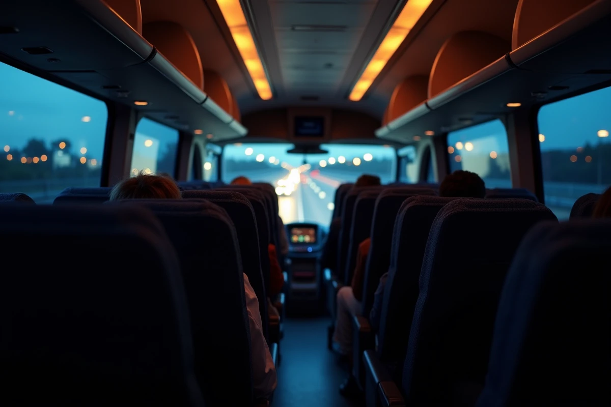 Intérieur d'un car de nuit entre Marseille et Aix-en-Provence avec des passagers installés