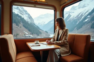 Intérieur luxueux d'un train panoramique suisse avec vue sur les Alpes enneigées depuis une fenêtre incurvée