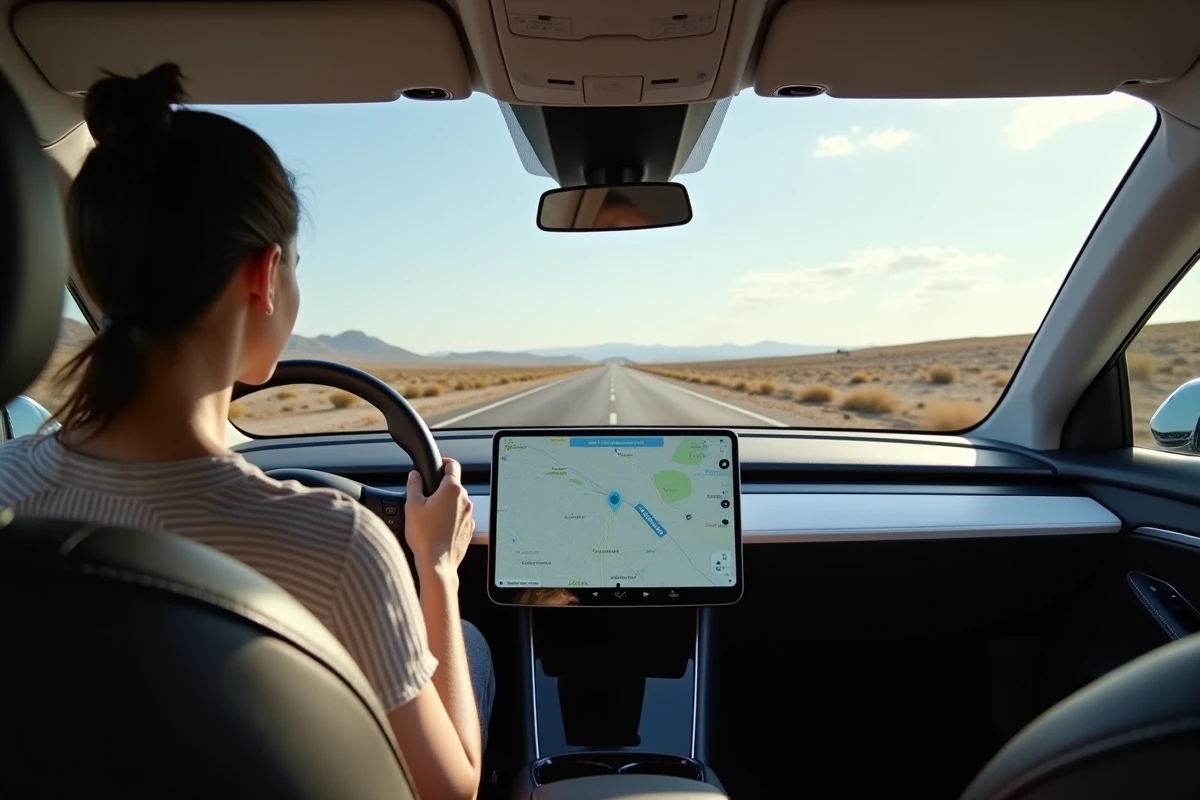 Intérieur d'une voiture électrique avec navigation GPS affichant les bornes de recharge sur le trajet Las Vegas Los Angeles