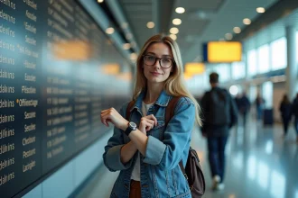Jeune femme vérifiant l'heure à l'aéroport avec tableau de départs