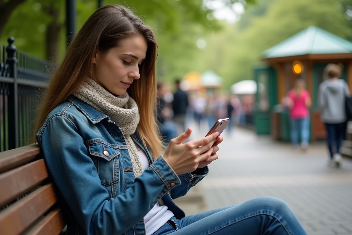 Jeune femme assise regardant son téléphone dans la file d attente