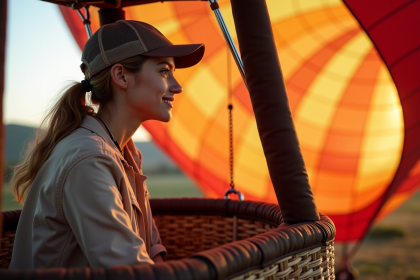 Jeune femme souriante dans un panier de ballon à air prêt au décollage