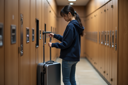Jeune femme asiatique dans un capsule hotel range une valise