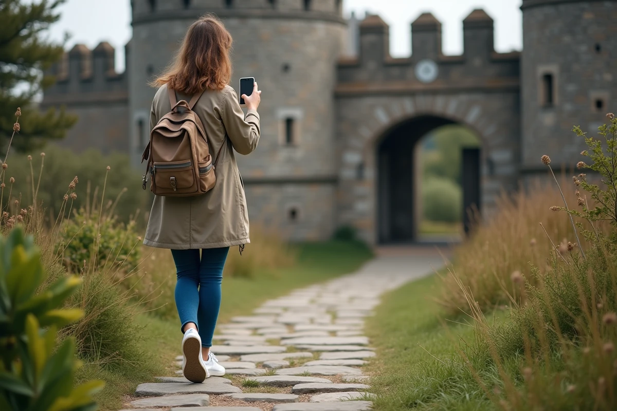 Jeune femme marchant vers le château de Requesens