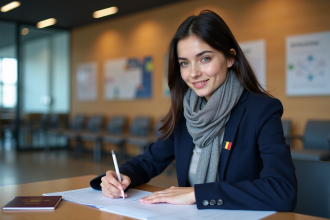 Jeune femme en blazer remplit formulaire visa
