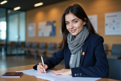 Jeune femme en blazer remplit formulaire visa