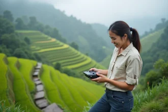 Jeune femme avec drone sur une terrasse de riz à Tegallalang