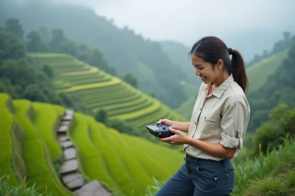 Jeune femme avec drone sur une terrasse de riz à Tegallalang