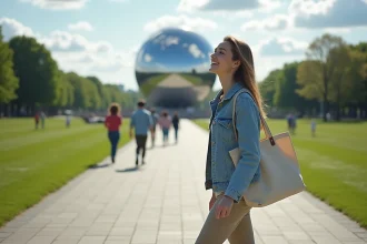 Jeune femme souriante dans un parc de New York avec Unisphere en arrière-plan