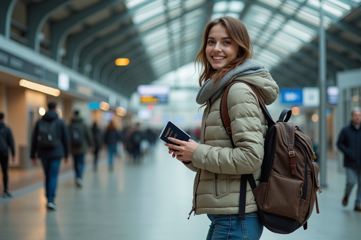Jeune femme vérifiant son passeport à la gare internationale