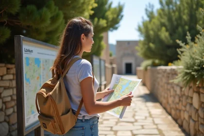 Jeune femme regardant une carte sur l'île de Lokrum