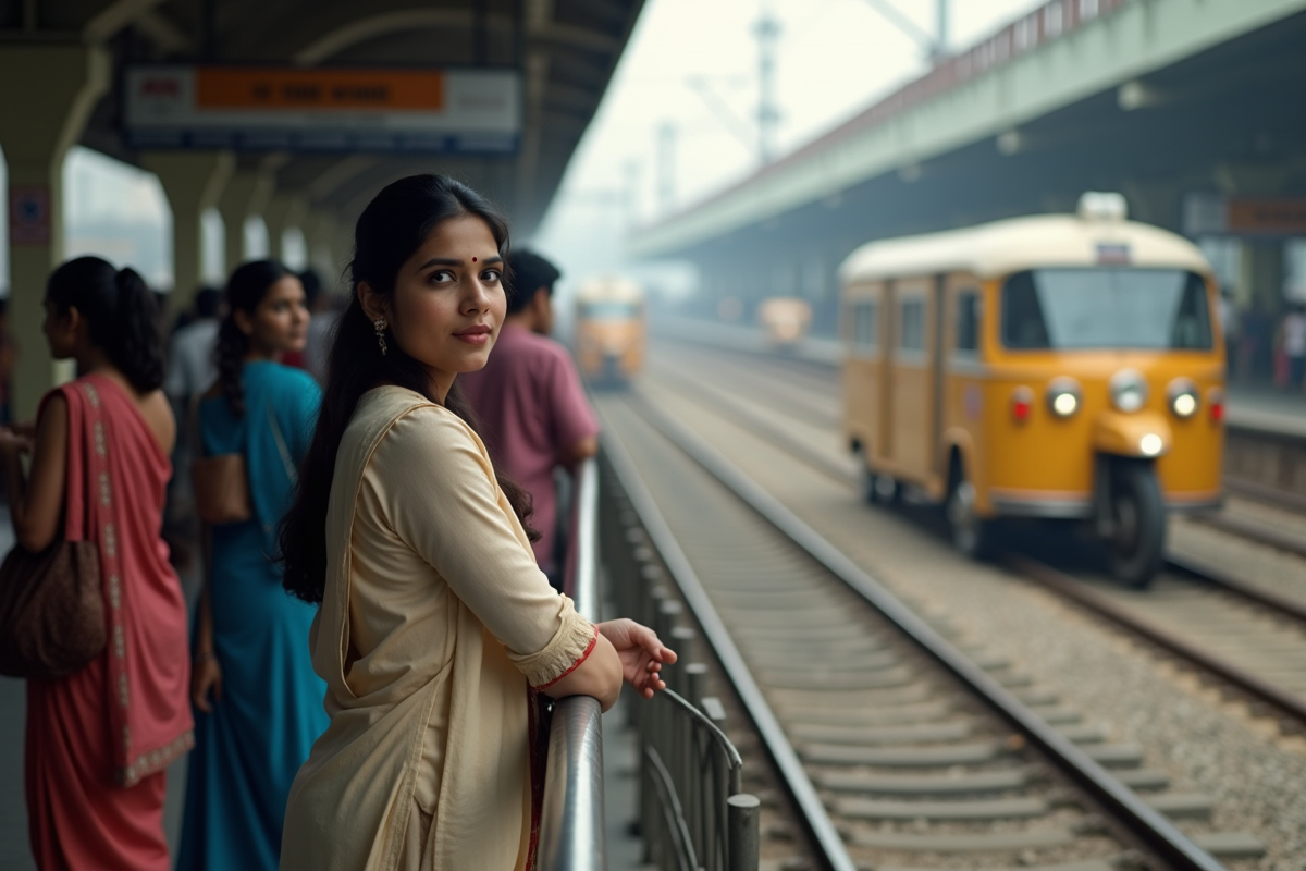 Jeune femme indienne au gare de Mumbai regardant au loin