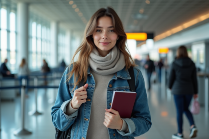 Jeune femme avec passeport à l'aéroport en voyage