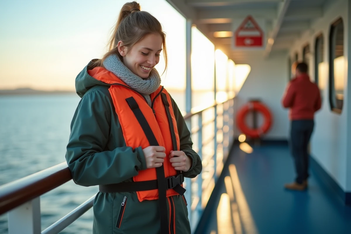Jeune femme attachant son gilet de sauvetage sur le ferry