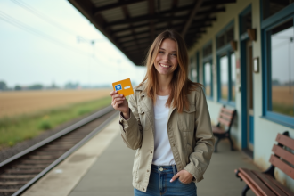Jeune femme souriante avec carte de transport à la gare