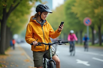 Jeune femme en ville avec vélo et smartphone