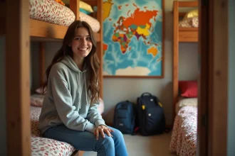 Jeune femme souriante dans un dortoir de hostel convivial