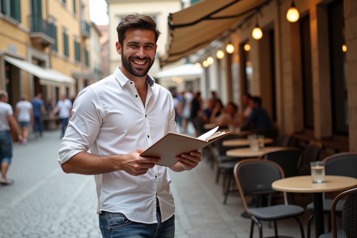 Jeune homme italien riant devant un menu de dessert en café
