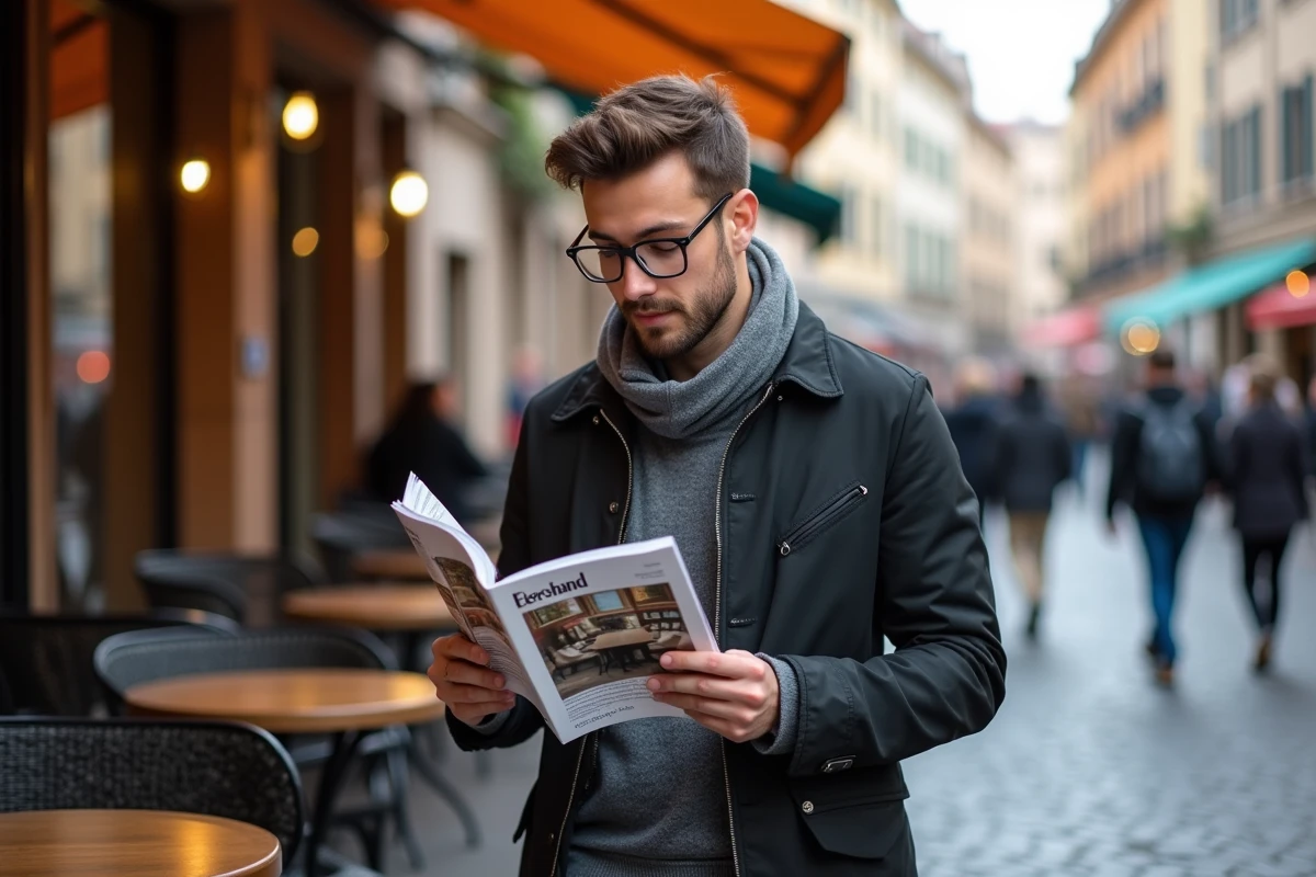 Jeune homme lisant un magazine dans un café urbain