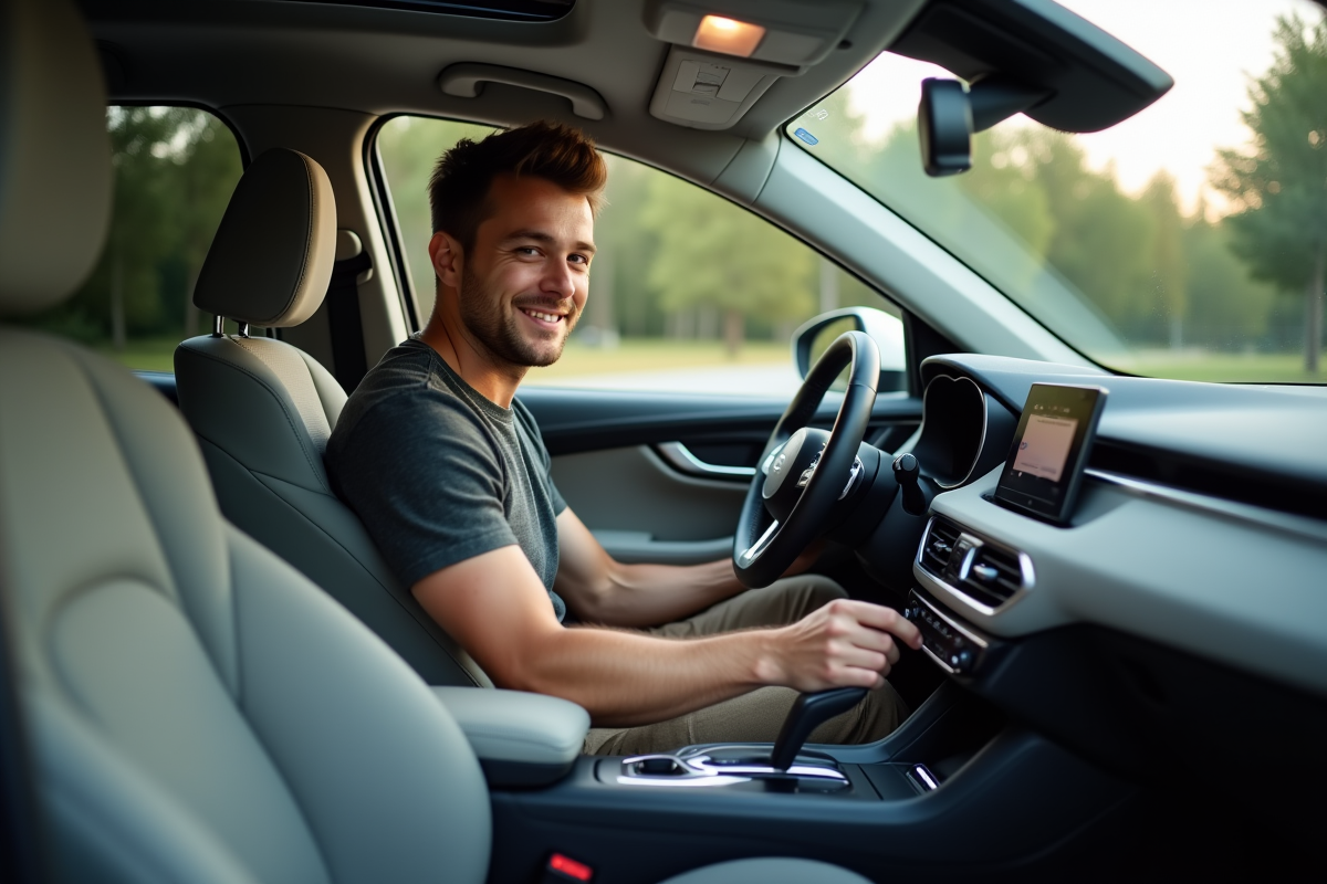 Jeune homme ajustant le siège dans l habitacle de la voiture