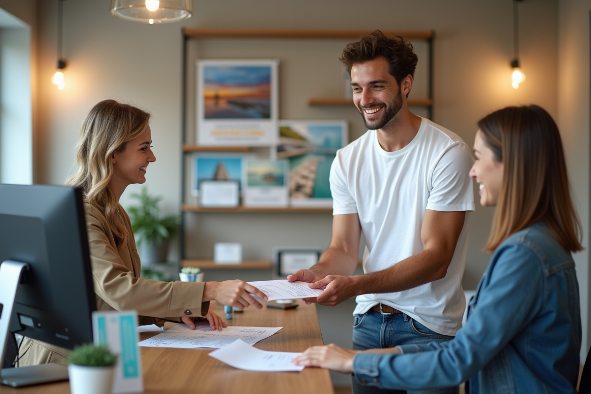Jeune homme remettant un formulaire chèques vacances à un agent