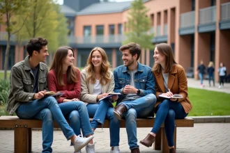 Groupe d'adolescents internationaux dans la cour universitaire