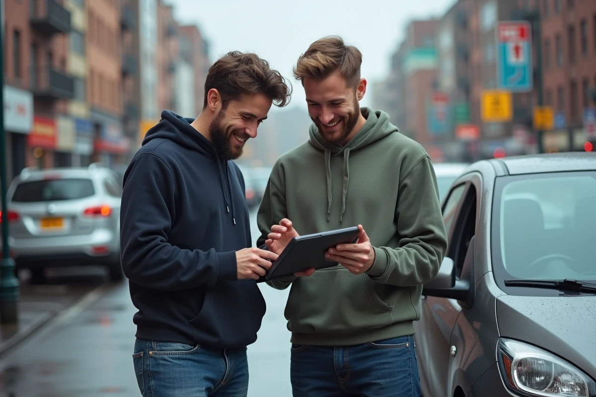Deux jeunes hommes riant avec une tablette en ville