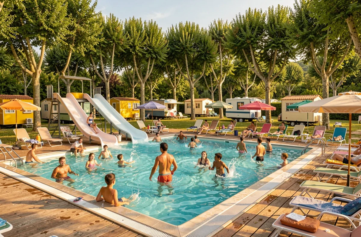 Camping La Plage Fleurie familial à Vallon-Pont-d'Arc avec piscine et toboggans aquatiques