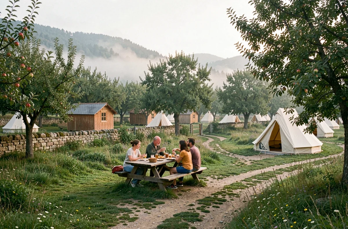 Camping Le Pommier nature près de Villeneuve-de-Berg en Ardèche avec verger et chalets en bois