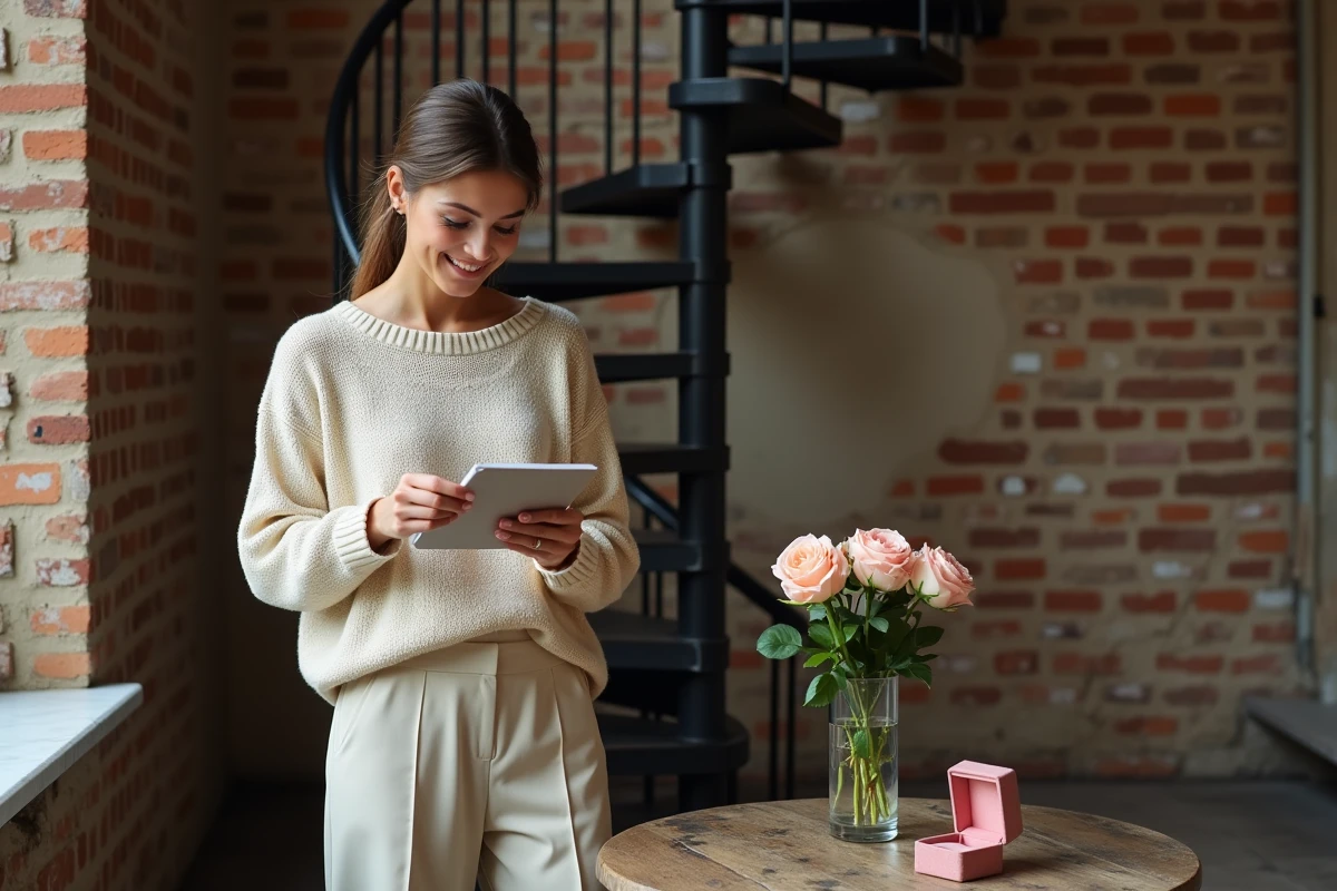 Femme découvrant une déclaration d'amour dans un loft atypique parisien avec escalier en colimaçon et murs en brique, logement insolite pour demande en mariage