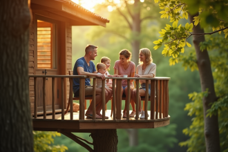 Famille heureuse dans une maison arbre en forêt en France
