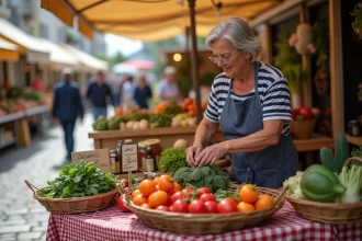 Vendeuse au marché de Fort Mahon-Plage disposant des légumes frais et des produits artisanaux sur un étal coloré