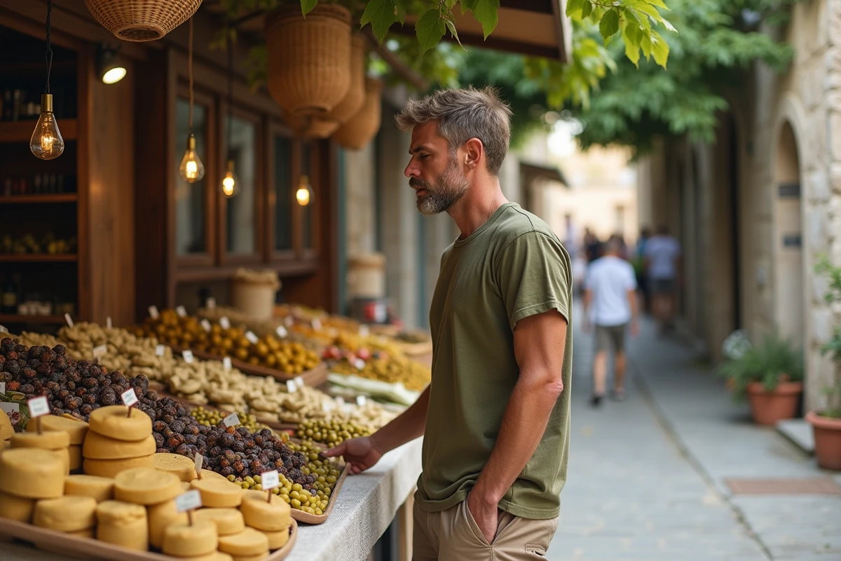 Voyageur au marché local de Liméni choisissant des produits frais à petit prix, escapade économique dans le Magne