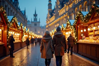 Marché de Noël de l'Hôtel de Ville de Vienne avec couple se promenant sous les illuminations festives et les sapins décorés en hiver