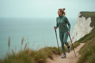 Femme pratiquant la marche nordique sur le sentier des falaises d'Ault en Normandie avec vue sur la Manche