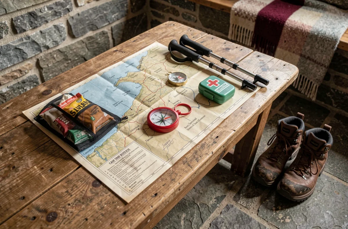 Matériel de randonnée préparé pour une excursion à la Pointe du Raz incluant carte et boussole