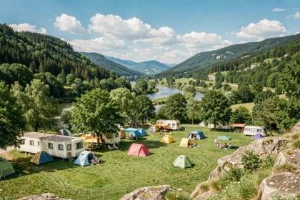 Vue panoramique d'un camping en Auvergne-Rhône-Alpes entouré de forêts et d'une rivière