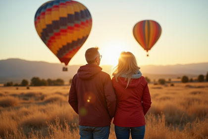 Couple regardant le ciel avec montgolfiere en arrière-plan